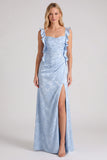 Light Blue Jacquard Ruffle Strap Mermaid Bridesmaid Dress with Slit