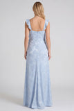 Light Blue Jacquard Ruffle Strap Mermaid Bridesmaid Dress with Slit