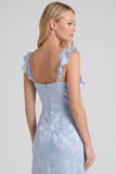 Light Blue Jacquard Ruffle Strap Mermaid Bridesmaid Dress with Slit