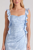 Light Blue Jacquard Ruffle Strap Mermaid Bridesmaid Dress with Slit