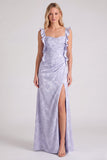 Light Blue Jacquard Ruffle Strap Mermaid Bridesmaid Dress with Slit