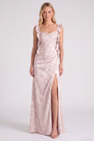 Light Blue Jacquard Ruffle Strap Mermaid Bridesmaid Dress with Slit