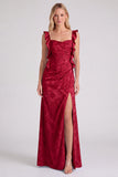 Light Blue Jacquard Ruffle Strap Mermaid Bridesmaid Dress with Slit