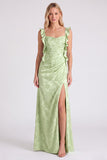 Light Blue Jacquard Ruffle Strap Mermaid Bridesmaid Dress with Slit