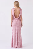 Dusty Rose Boat Neck Jacquard Backless Long Bridesmaid Dress with Bows