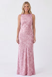 Dusty Rose Boat Neck Jacquard Backless Long Bridesmaid Dress with Bows