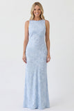 Dusty Rose Boat Neck Jacquard Backless Long Bridesmaid Dress with Bows