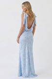 Dusty Rose Boat Neck Jacquard Backless Long Bridesmaid Dress with Bows
