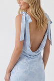 Dusty Rose Boat Neck Jacquard Backless Long Bridesmaid Dress with Bows