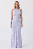 Dusty Rose Boat Neck Jacquard Backless Long Bridesmaid Dress with Bows