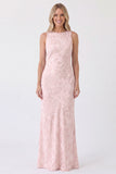 Dusty Rose Boat Neck Jacquard Backless Long Bridesmaid Dress with Bows