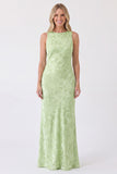 Dusty Rose Boat Neck Jacquard Backless Long Bridesmaid Dress with Bows