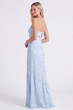 Strapless Light Blue Jacquard Mermaid Long Bridesmaid Dress