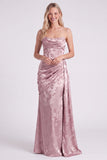 Sage Jacquard Satin Ruched Strapless Bridesmaid Dress with Sash