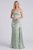 Sage Jacquard Satin Ruched Strapless Bridesmaid Dress with Sash