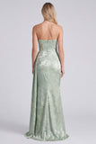 Sage Jacquard Satin Ruched Strapless Bridesmaid Dress with Sash