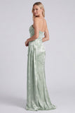 Sage Jacquard Satin Ruched Strapless Bridesmaid Dress with Sash