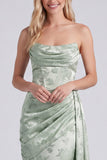 Sage Jacquard Satin Ruched Strapless Bridesmaid Dress with Sash