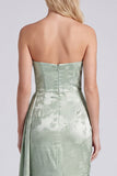 Sage Jacquard Satin Ruched Strapless Bridesmaid Dress with Sash
