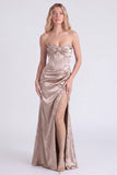 Strapless Mermaid Light Purple Jacquard Corset Bridesmaid Dress with Slit