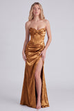 Strapless Mermaid Light Purple Jacquard Corset Bridesmaid Dress with Slit