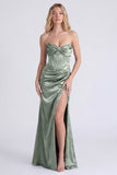 Strapless Mermaid Light Purple Jacquard Corset Bridesmaid Dress with Slit