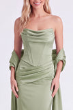 Sage Mermaid Corset Strapless Bridesmaid Dress with Scarf