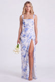 Blue Flower Mermaid Square Neck Bridesmaid Dress with Slit