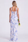 Blue Flower Mermaid Square Neck Bridesmaid Dress with Slit