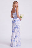Blue Flower Mermaid Square Neck Bridesmaid Dress with Slit