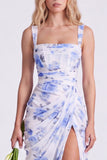Blue Flower Mermaid Square Neck Bridesmaid Dress with Slit