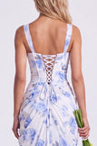 Blue Flower Mermaid Square Neck Bridesmaid Dress with Slit