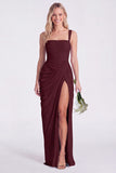Blue Flower Mermaid Square Neck Bridesmaid Dress with Slit