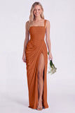 Blue Flower Mermaid Square Neck Bridesmaid Dress with Slit