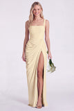 Blue Flower Mermaid Square Neck Bridesmaid Dress with Slit
