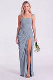 Blue Flower Mermaid Square Neck Bridesmaid Dress with Slit
