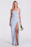 Blue Flower Mermaid Square Neck Bridesmaid Dress with Slit