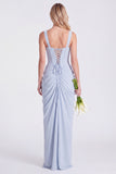 Blue Flower Mermaid Square Neck Bridesmaid Dress with Slit