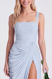 Blue Flower Mermaid Square Neck Bridesmaid Dress with Slit