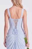 Blue Flower Mermaid Square Neck Bridesmaid Dress with Slit