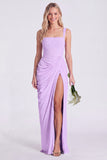 Blue Flower Mermaid Square Neck Bridesmaid Dress with Slit