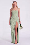 Blue Flower Mermaid Square Neck Bridesmaid Dress with Slit