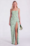 Blue Flower Mermaid Square Neck Bridesmaid Dress with Slit