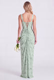 Blue Flower Mermaid Square Neck Bridesmaid Dress with Slit