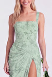 Blue Flower Mermaid Square Neck Bridesmaid Dress with Slit