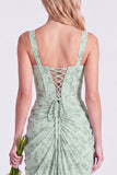 Blue Flower Mermaid Square Neck Bridesmaid Dress with Slit
