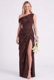 One Shoulder Espresso Clipped Jacquard Corset Bridesmaid Dress with Slit