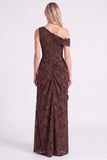 One Shoulder Espresso Clipped Jacquard Corset Bridesmaid Dress with Slit