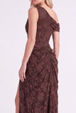 One Shoulder Espresso Clipped Jacquard Corset Bridesmaid Dress with Slit