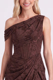 One Shoulder Espresso Clipped Jacquard Corset Bridesmaid Dress with Slit